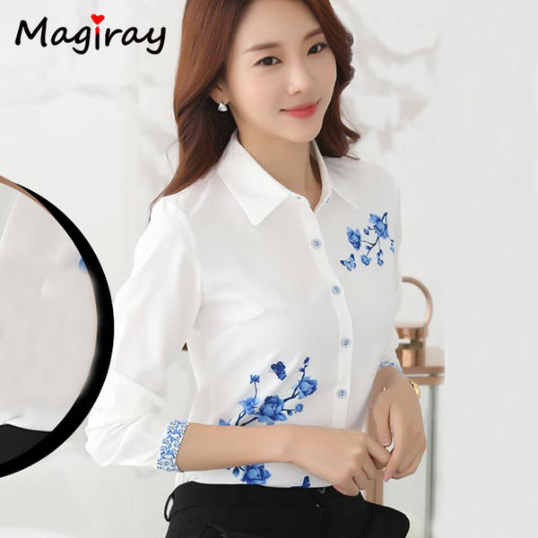 Long Sleeve Blue butterfly Flower Print Blouse Women 2019 Summer fall Top Elegant Work Office Plus Size Shirt White Blouse C181