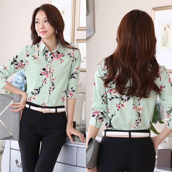 Long Sleeve Blue butterfly Flower Print Blouse Women 2019 Summer fall Top Elegant Work Office Plus Size Shirt White Blouse C181