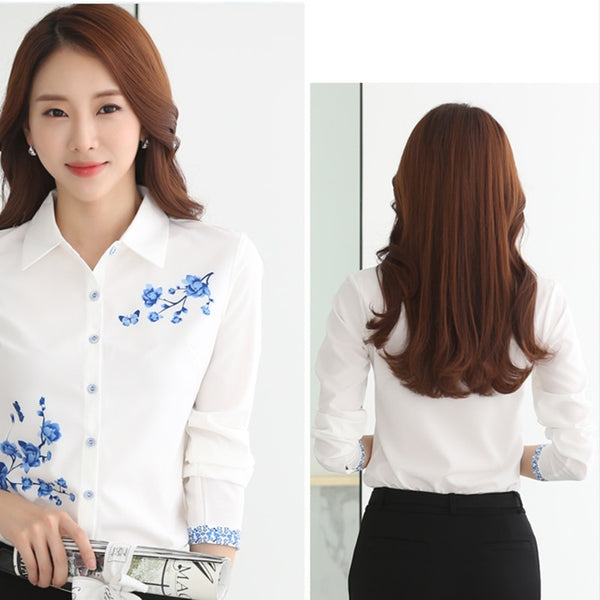 Long Sleeve Blue butterfly Flower Print Blouse Women 2019 Summer fall Top Elegant Work Office Plus Size Shirt White Blouse C181